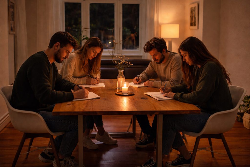 Personengruppe an abendlich beleuchtetem Tisch