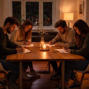 Personengruppe an abendlich beleuchtetem Tisch